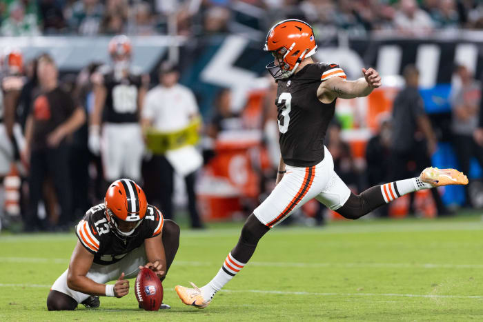 Aug 17, 2023; Philadelphia, Pennsylvania, USA; Cleveland Browns punter Corey Bojorquez (13) holds the ball as place kicker Cade York (3) kicks a field goal during the second quarter against the Philadelphia Eagles at Lincoln Financial Field.